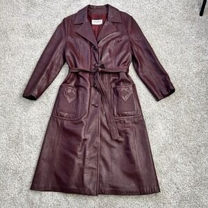 VTG DANI 70s Sz M Burgundy Wine Leather Trench Coat Embossed Rockabilly Rare!